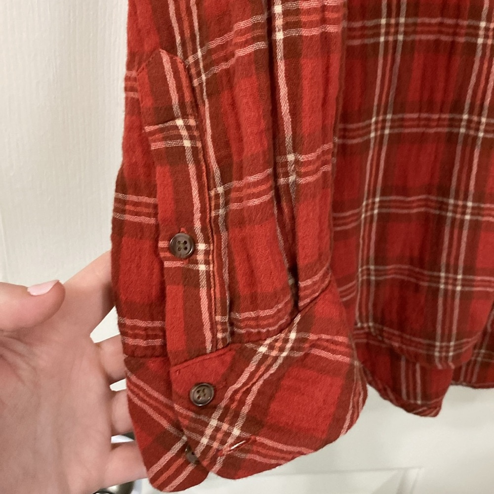 Universal Threads long sleeve button up Y neck fall orange plaid womens shirt - Picture 4 of 8